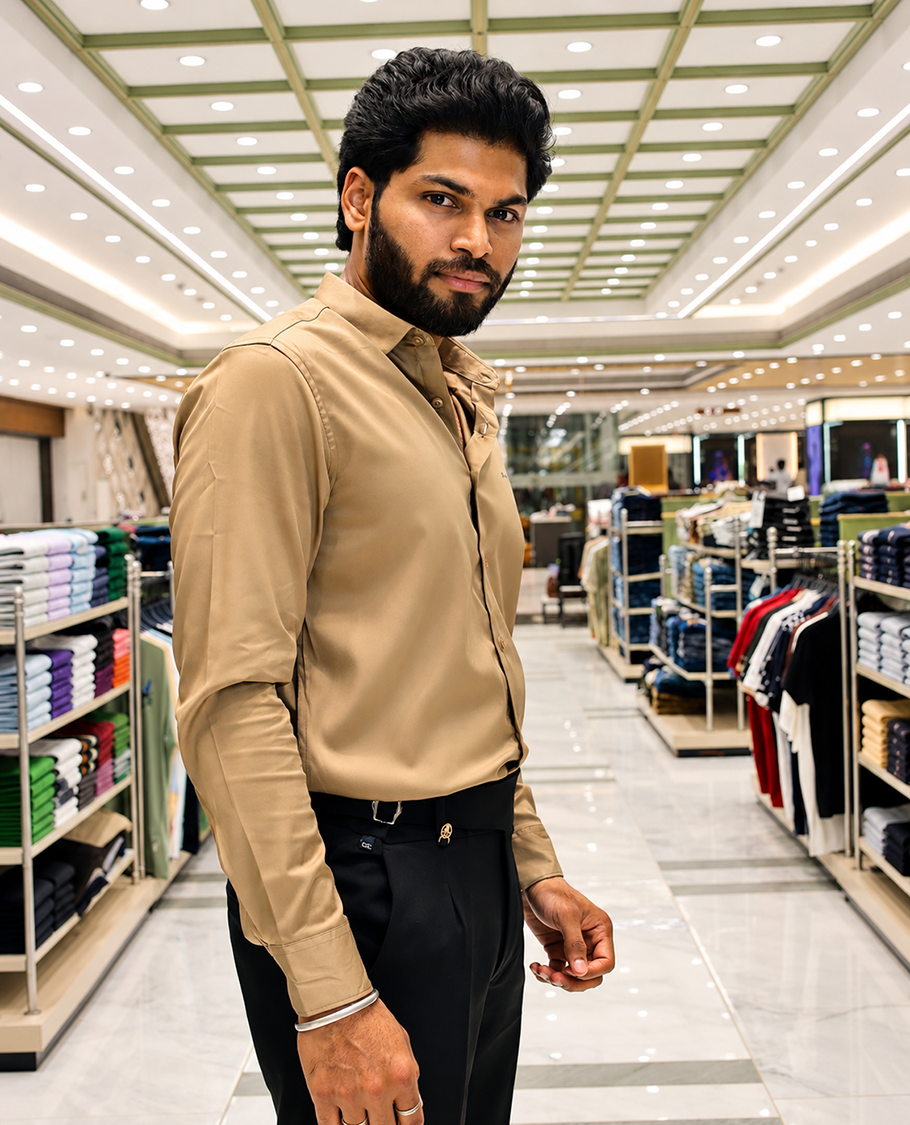 Khaki Solid Satin Formal Shirt, Featuring a Spread Collar, Full Sleeves, Slim Fit, and Regular Length