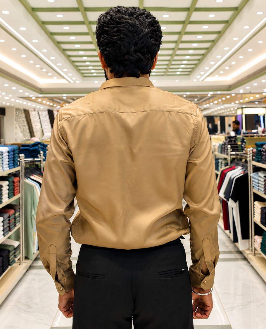 Khaki Solid Satin Formal Shirt, Featuring a Spread Collar, Full Sleeves, Slim Fit, and Regular Length