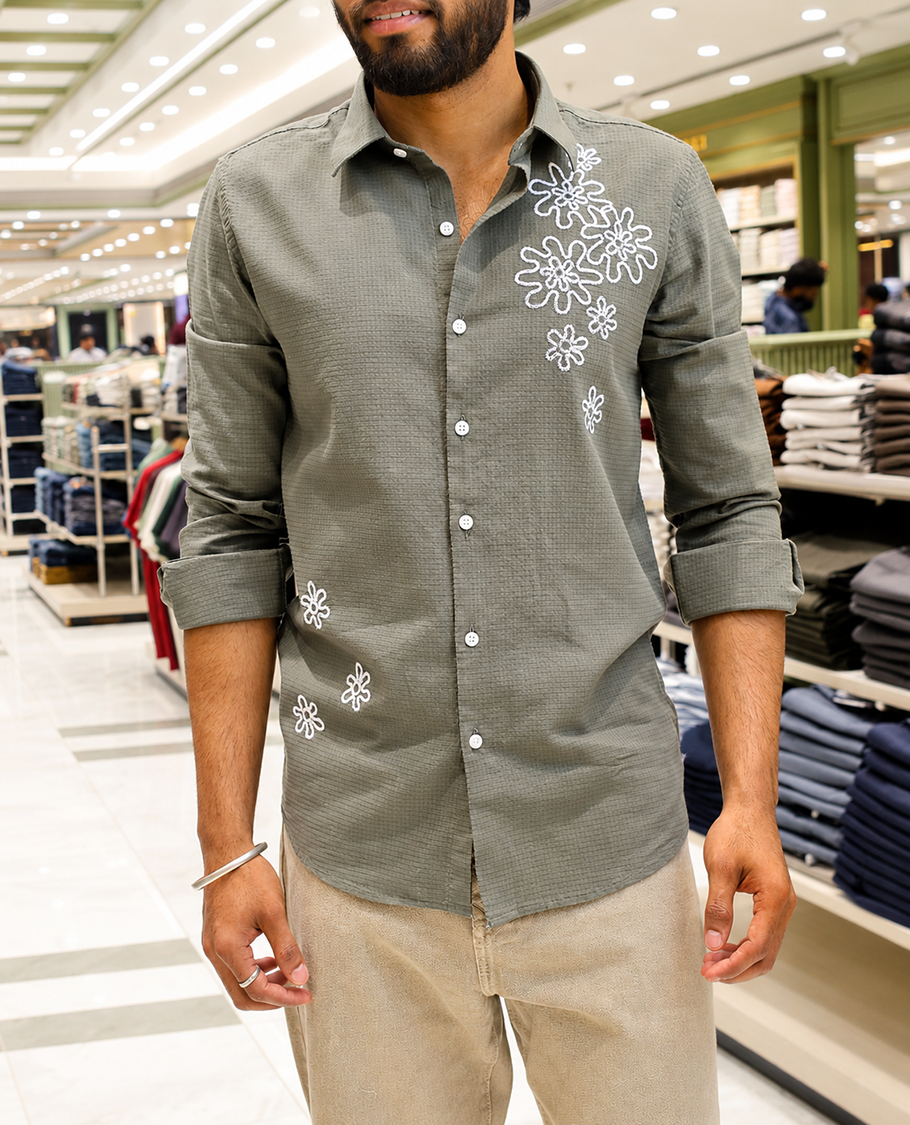 Green Cotton-Blended Casual Shirt, Subtly Sparkled with Flower Thread Outline Embroidery, Featuring a Spread Collar, Full Sleeves, Slim Fit, and Regular Length