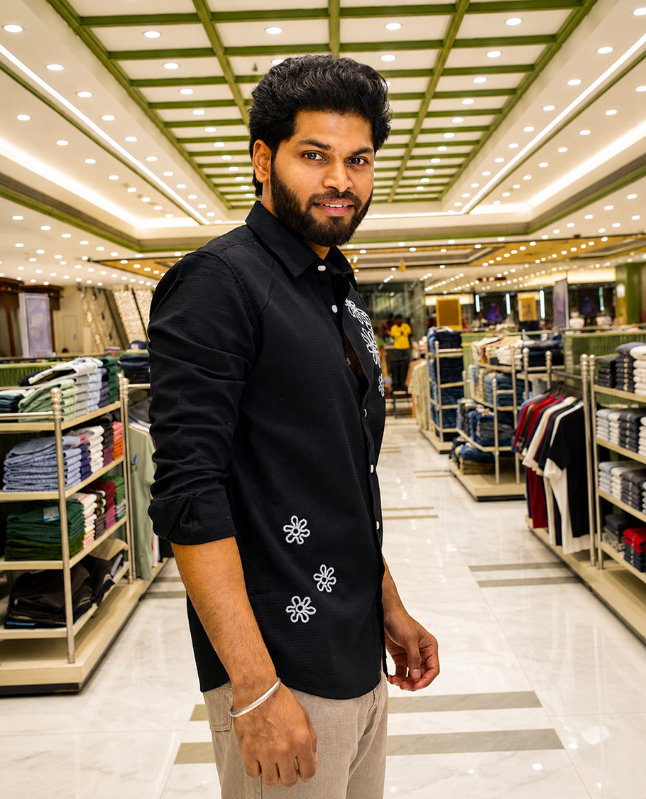 Black Cotton-Blended Casual Shirt, Accentuated with Flower Thread Outline Embroidery, Featuring a Spread Collar, Full Sleeves, Slim Fit, and Regular Length