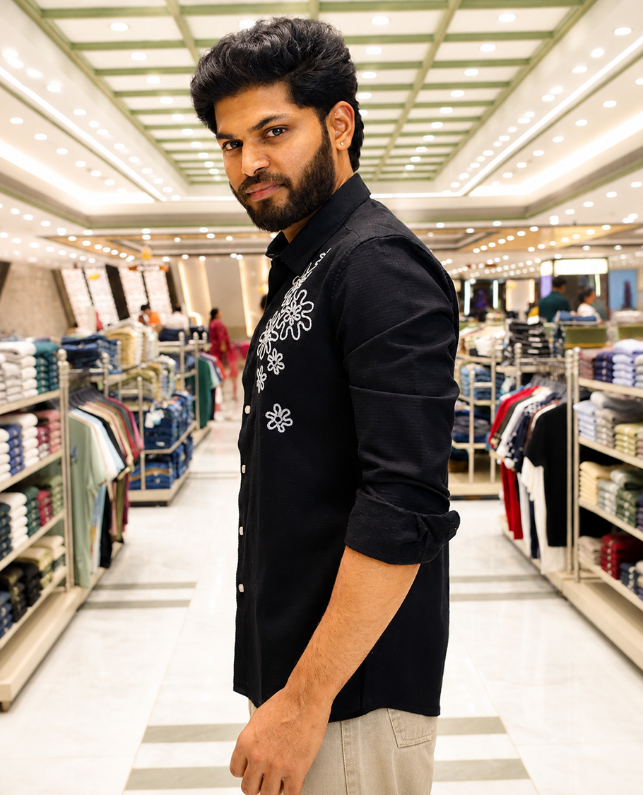 Black Cotton-Blended Casual Shirt, Accentuated with Flower Thread Outline Embroidery, Featuring a Spread Collar, Full Sleeves, Slim Fit, and Regular Length
