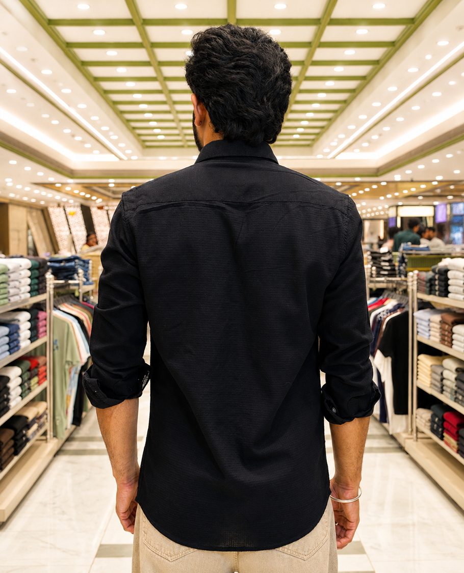 Black Cotton-Blended Casual Shirt, Accentuated with Flower Thread Outline Embroidery, Featuring a Spread Collar, Full Sleeves, Slim Fit, and Regular Length