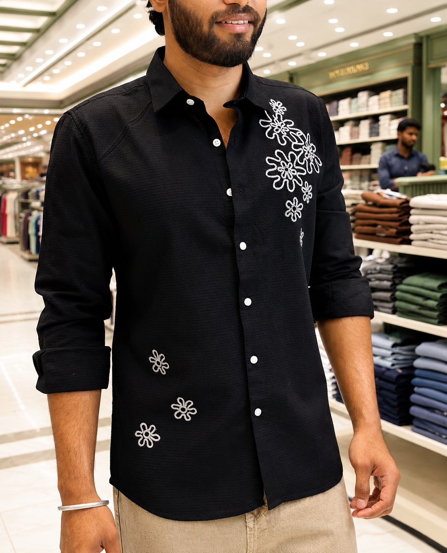 Black Cotton-Blended Casual Shirt, Accentuated with Flower Thread Outline Embroidery, Featuring a Spread Collar, Full Sleeves, Slim Fit, and Regular Length