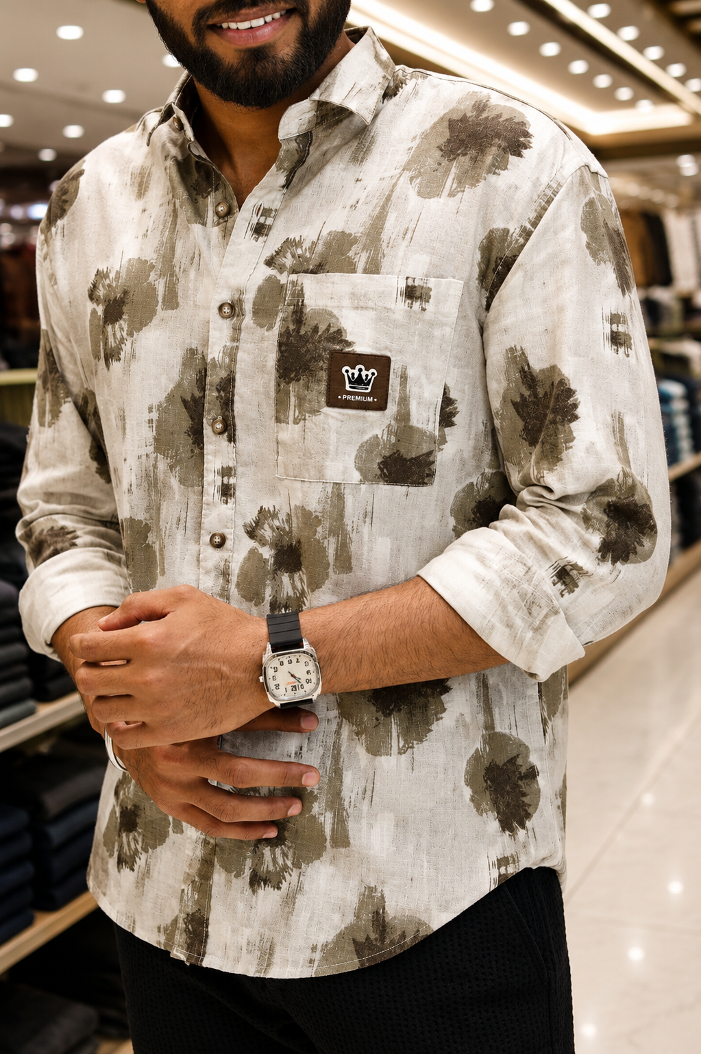Cream Cotton-Blended Casual Shirt Featuring Abstract Print, a Spread Collar, Full Sleeves, Oversized Fit, and Regular Length