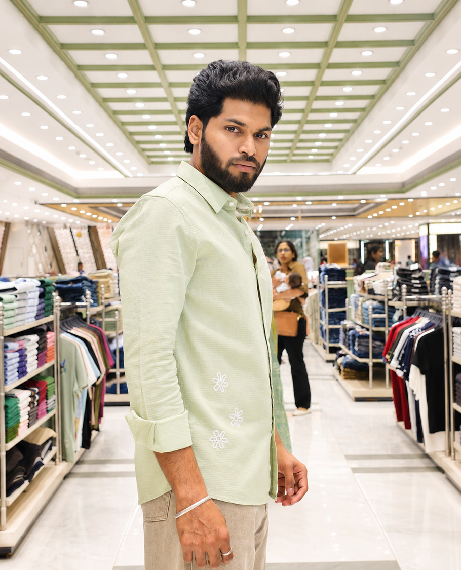 Light Green Cotton-Blended Casual Shirt, Adorned with Flower Thread Outline Embroidery, Featuring a Spread Collar, Full Sleeves, Slim Fit, and Regular Length