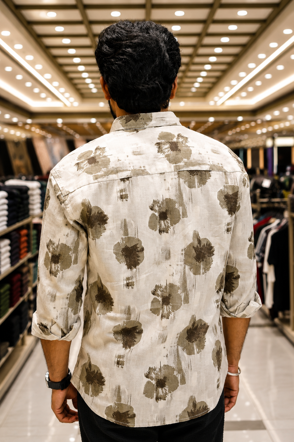 Cream Cotton-Blended Casual Shirt Featuring Abstract Print, a Spread Collar, Full Sleeves, Oversized Fit, and Regular Length