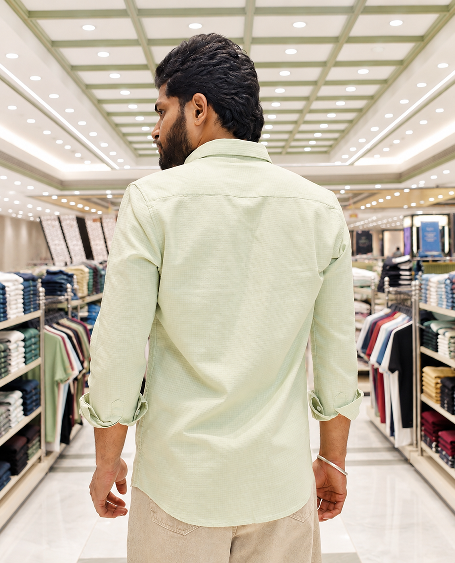 Light Green Cotton-Blended Casual Shirt, Adorned with Flower Thread Outline Embroidery, Featuring a Spread Collar, Full Sleeves, Slim Fit, and Regular Length