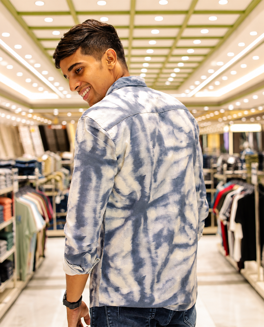 Blue Cotton-Blended Acid-Washed Casual Shirt, Uniquely Featuring Abstract-Style Design, Comes with a Spread Collar, Full Sleeves, Slim Fit, and Regular Length