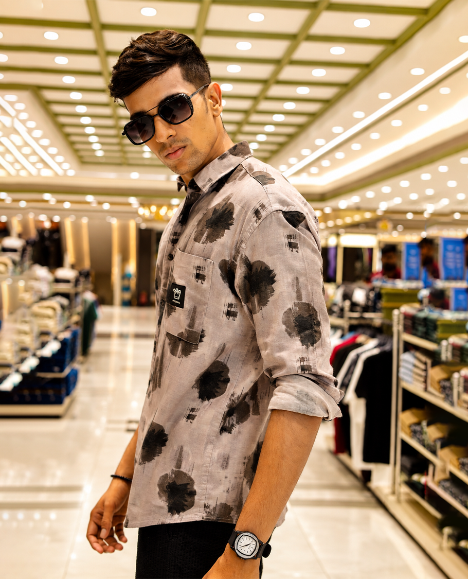 Brown Cotton-Blended Casual Shirt Featuring Abstract Print, a Spread Collar, Full Sleeves, Oversized Fit, and Regular Length