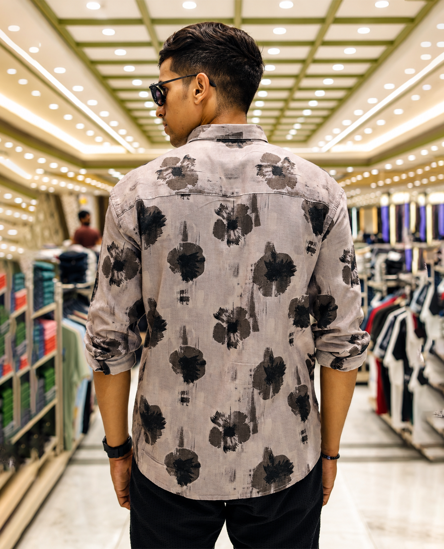 Brown Cotton-Blended Casual Shirt Featuring Abstract Print, a Spread Collar, Full Sleeves, Oversized Fit, and Regular Length