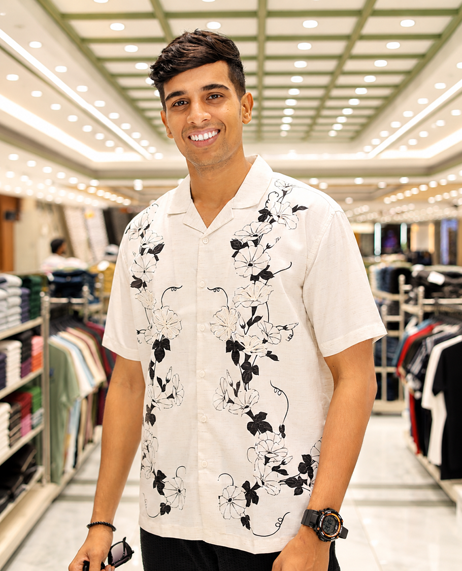 White Cotton-Blended Casual Shirt, Adorned with Floral Print and Embroidery, Featuring a Cuban Collar, Half Sleeves, Slim Fit, and Regular Length