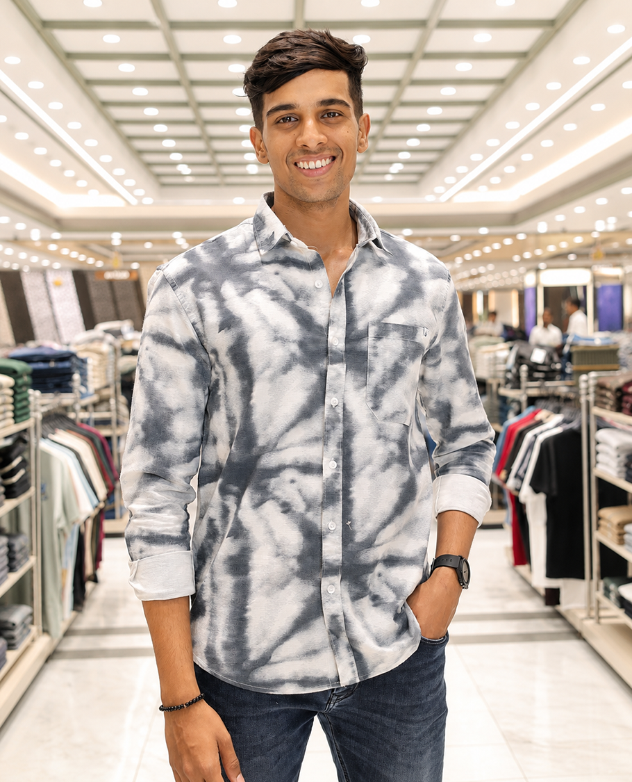 Grey Cotton-Blended Acid-Washed Casual Shirt, Uniquely Featuring Abstract-Style Design, Comes with a Spread Collar, Full Sleeves, Slim Fit, and Regular Length