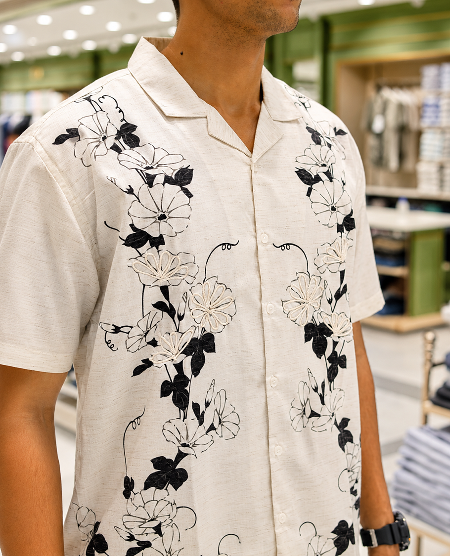 White Cotton-Blended Casual Shirt, Adorned with Floral Print and Embroidery, Featuring a Cuban Collar, Half Sleeves, Slim Fit, and Regular Length