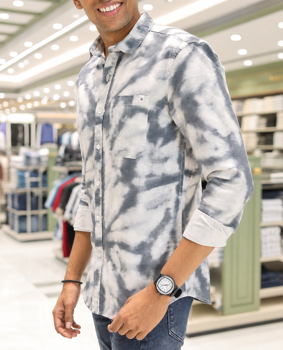 Grey Cotton-Blended Acid-Washed Casual Shirt, Uniquely Featuring Abstract-Style Design, Comes with a Spread Collar, Full Sleeves, Slim Fit, and Regular Length