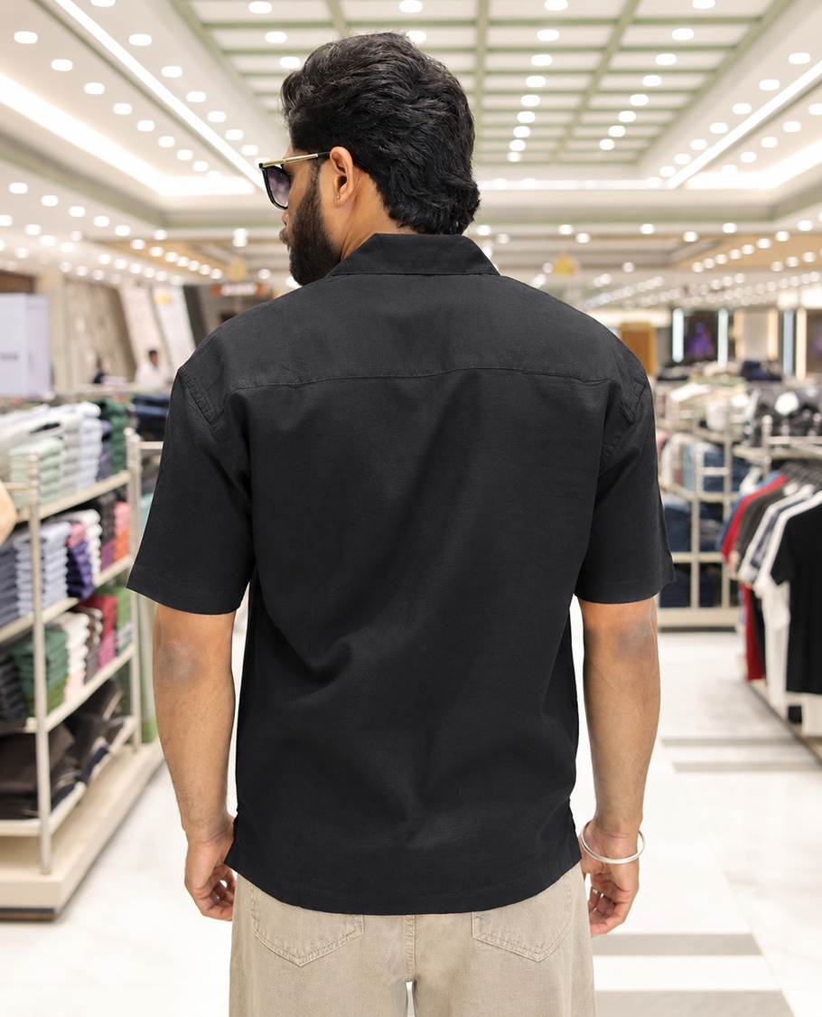 Black Cotton Blended Casual Shirt, Enthralled with Jamdani-style Flora-Theme Embroidery, Featuring a Cuban Collar, Full Sleeves, Regular Fit, and Regular Length