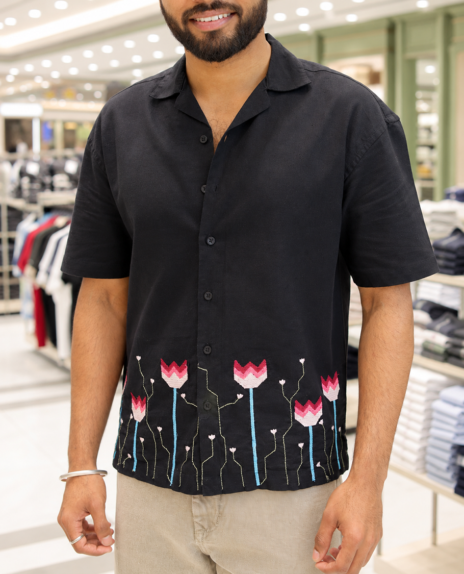 Black Cotton Blended Casual Shirt, Enthralled with Jamdani-style Flora-Theme Embroidery, Featuring a Cuban Collar, Full Sleeves, Regular Fit, and Regular Length