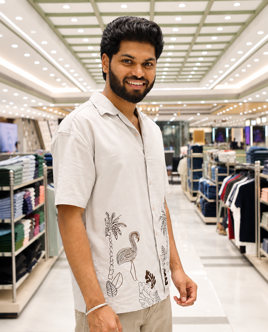Grey Cotton Blended Casual Shirt, Delicately Designed with Flora-Theme Embroidery, Featuring a Cuban Collar, Full Sleeves, Regular Fit, and Regular Length