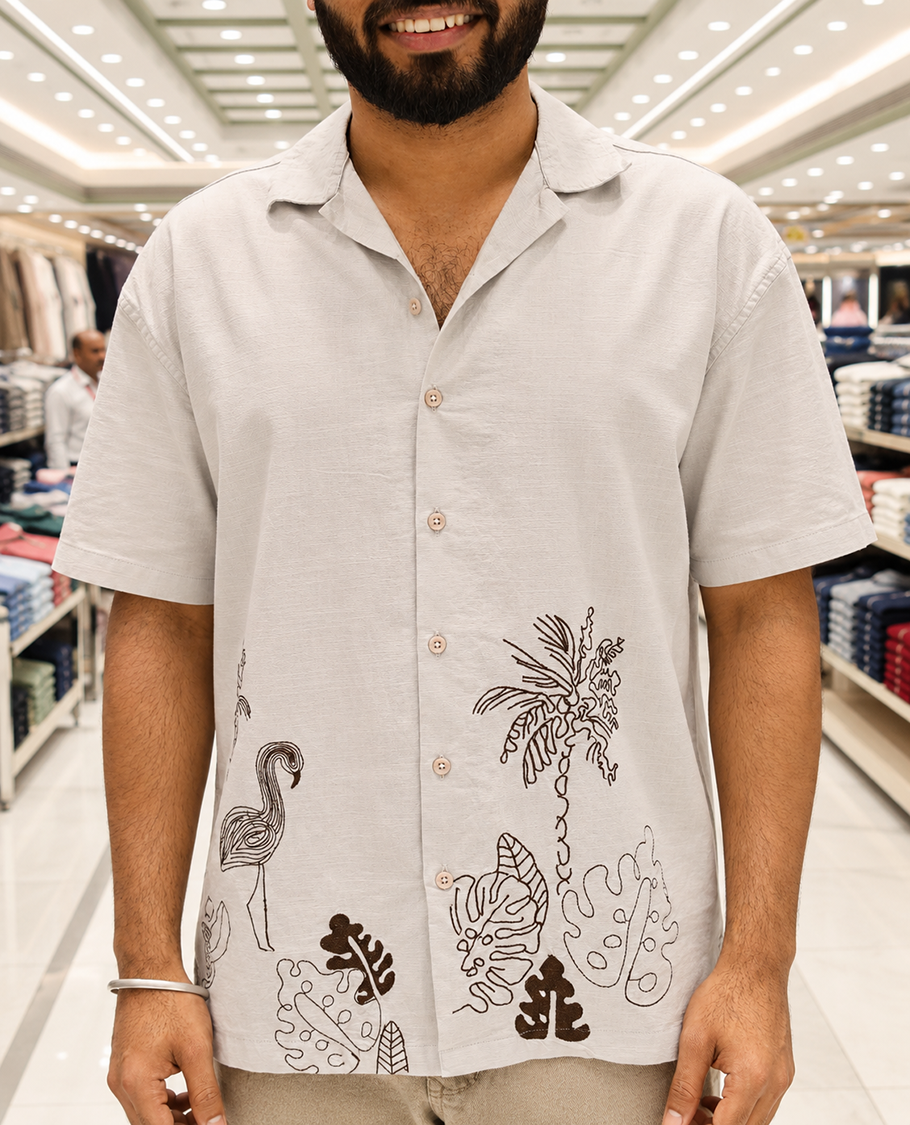 Grey Cotton Blended Casual Shirt, Delicately Designed with Flora-Theme Embroidery, Featuring a Cuban Collar, Full Sleeves, Regular Fit, and Regular Length