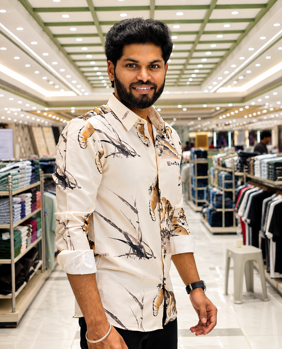 Cream Cotton-Blended Casual Shirt, Creatively Designed with a Tiger Motif Print, Featuring a Spread Collar, Full Sleeves, Slim Fit, and Regular Length