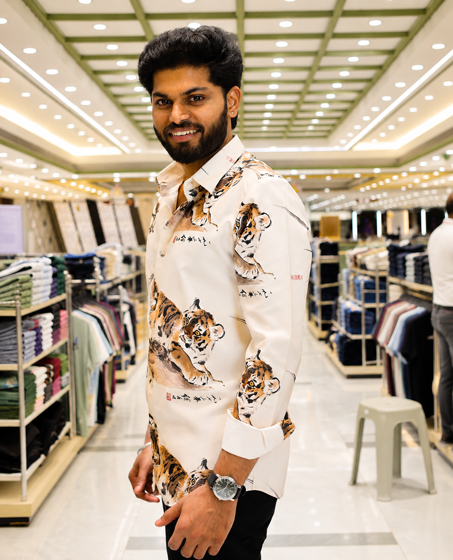 Cream Cotton-Blended Casual Shirt, Creatively Designed with a Tiger Motif Print, Featuring a Spread Collar, Full Sleeves, Slim Fit, and Regular Length