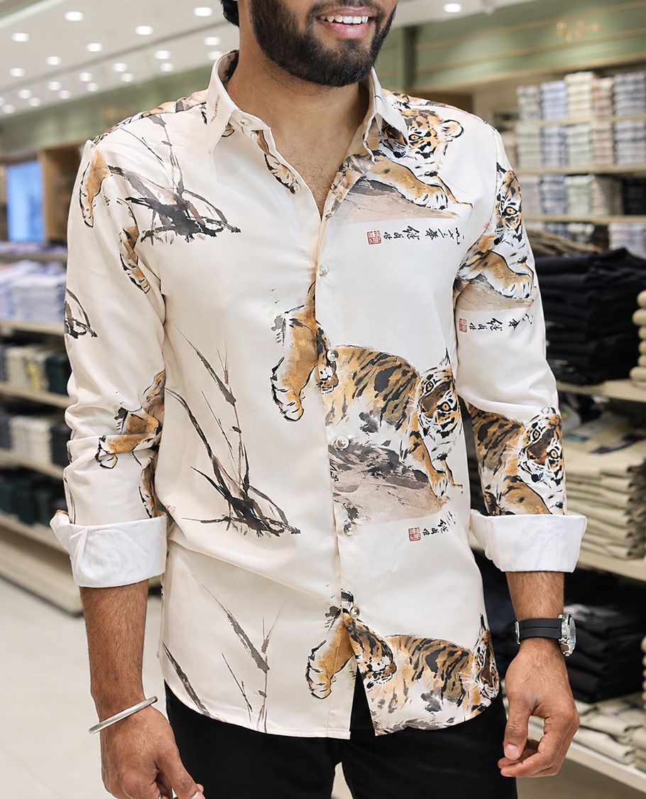 Cream Cotton-Blended Casual Shirt, Creatively Designed with a Tiger Motif Print, Featuring a Spread Collar, Full Sleeves, Slim Fit, and Regular Length