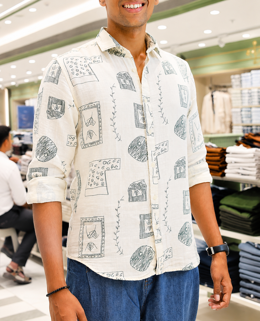 Cream-Green Cotton-Blended Casual Shirt, with Unique Motif Prints, Featuring a Spread Collar, Full Sleeves, Slim Fit, and Regular Length