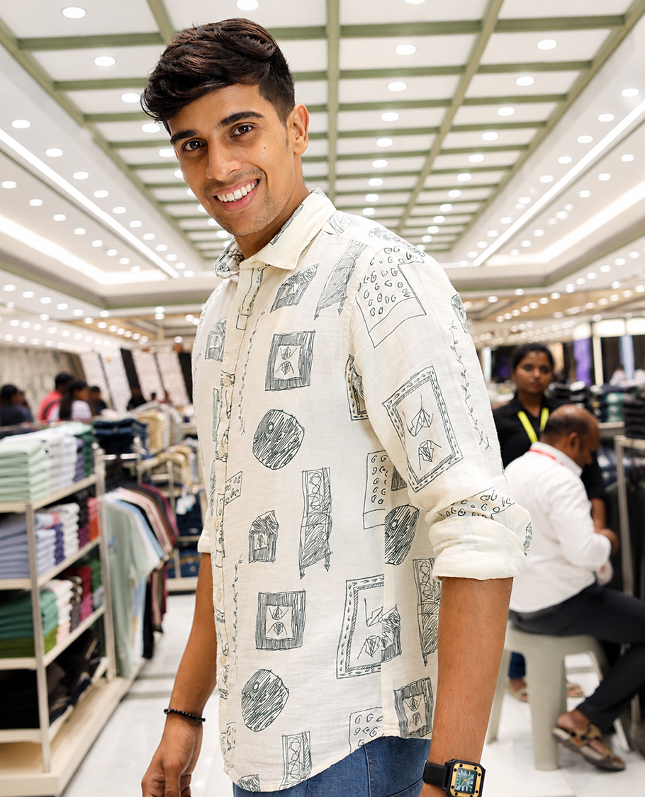 Cream-Green Cotton-Blended Casual Shirt, with Unique Motif Prints, Featuring a Spread Collar, Full Sleeves, Slim Fit, and Regular Length