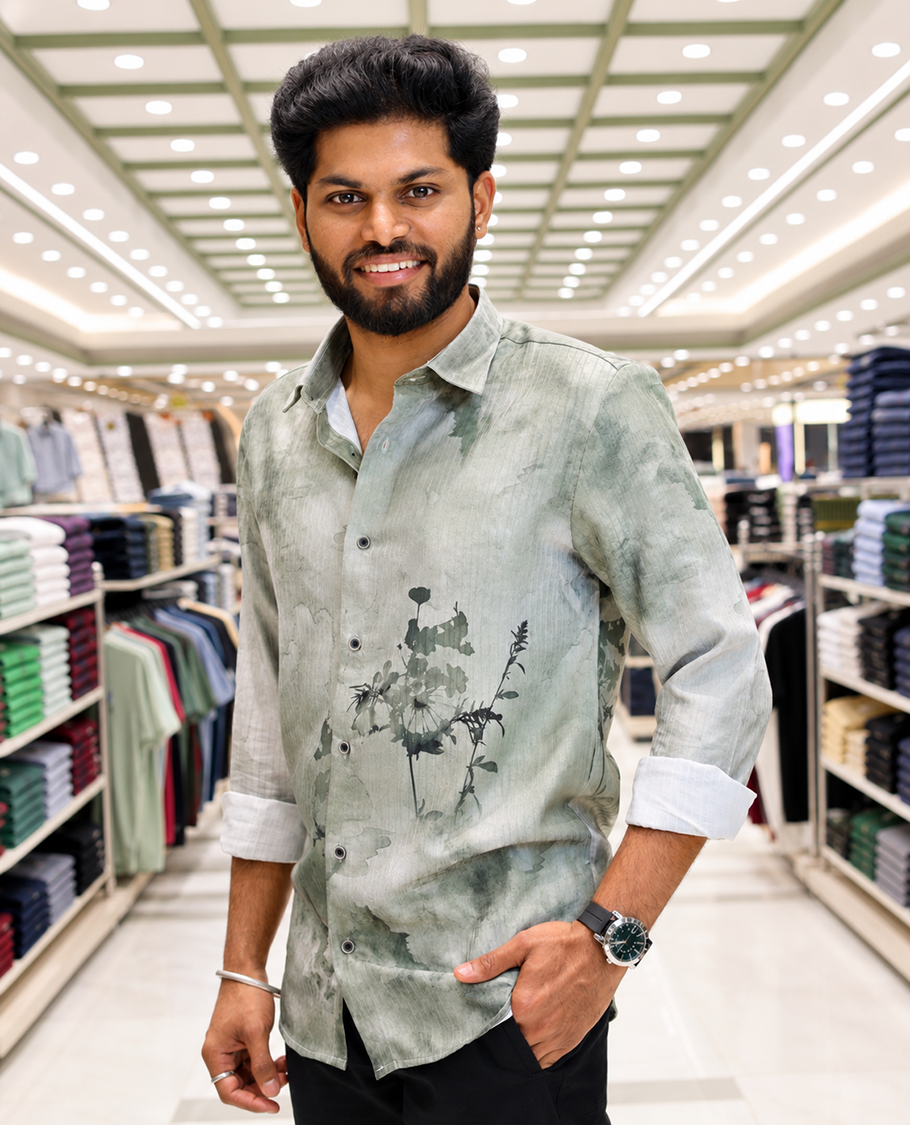Green Cotton-Blended Casual Shirt, Beautifully Printed with Abstract-Style Floral Print, Featuring a Spread Collar, Full Sleeves, Slim Fit, and Regular Length
