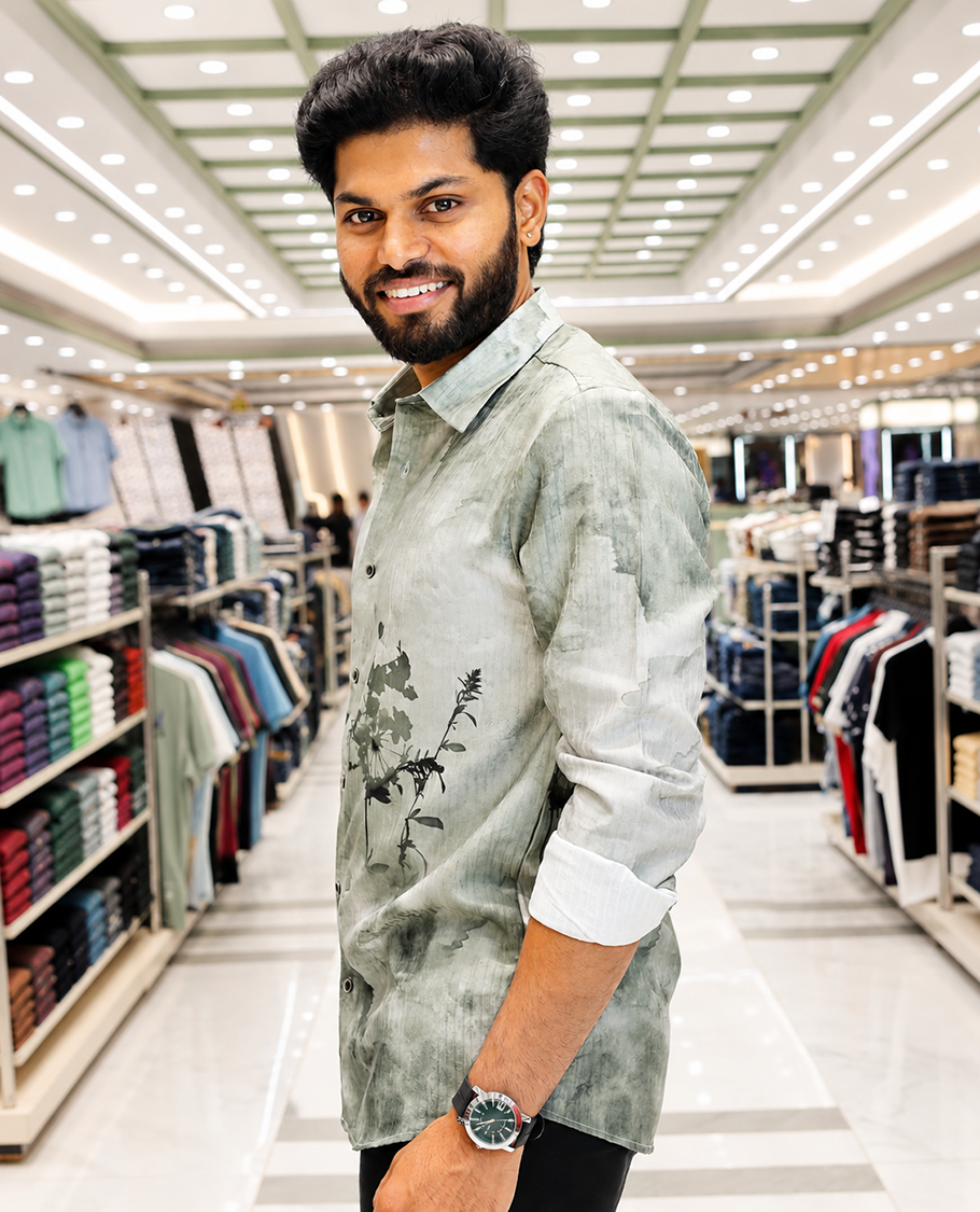 Green Cotton-Blended Casual Shirt, Beautifully Printed with Abstract-Style Floral Print, Featuring a Spread Collar, Full Sleeves, Slim Fit, and Regular Length