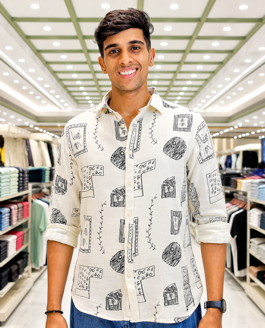 Cream-Black Cotton-Blended Casual Shirt, with Unique Motif Prints, Featuring a Spread Collar, Full Sleeves, Slim Fit, and Regular Length