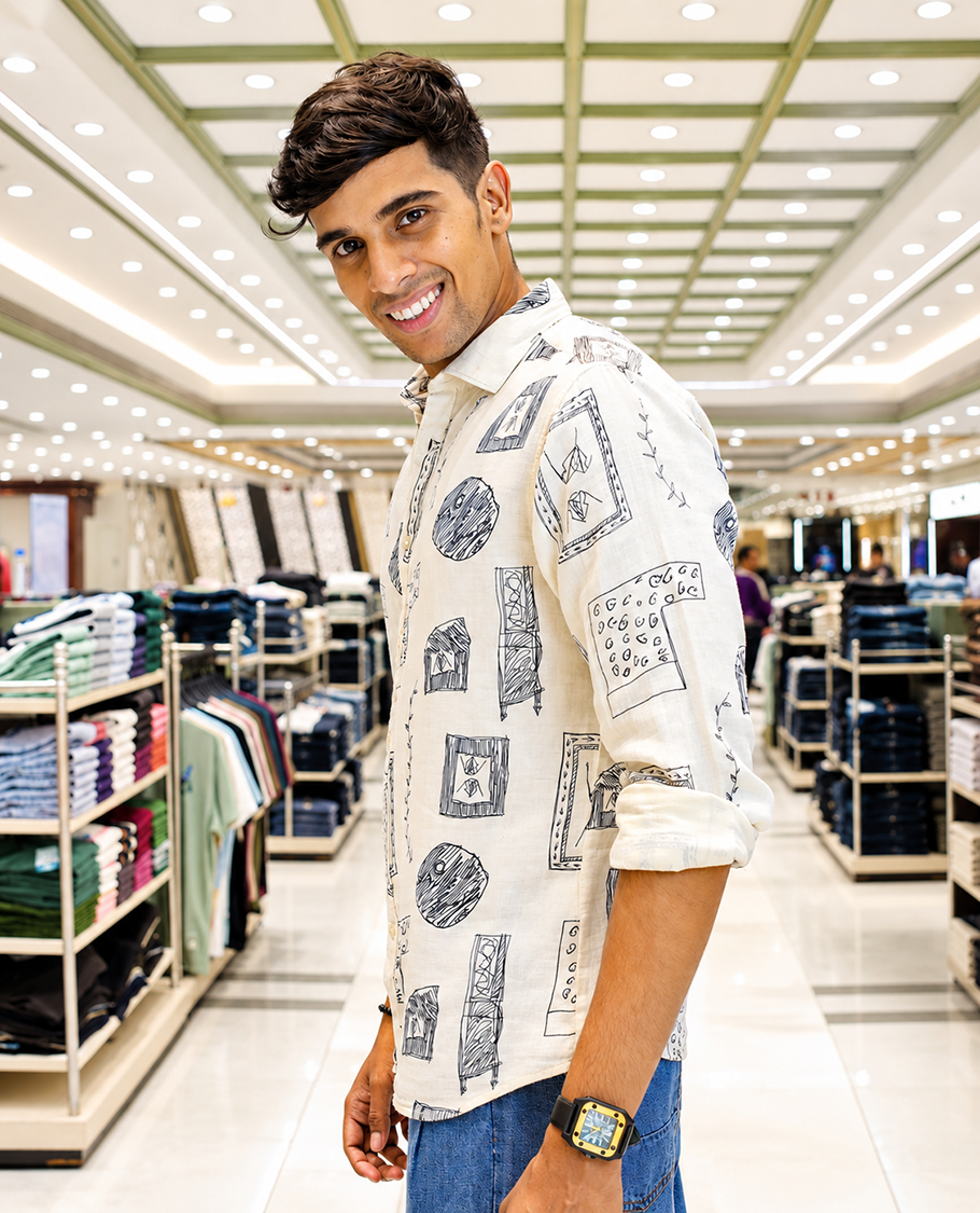 Cream-Black Cotton-Blended Casual Shirt, with Unique Motif Prints, Featuring a Spread Collar, Full Sleeves, Slim Fit, and Regular Length