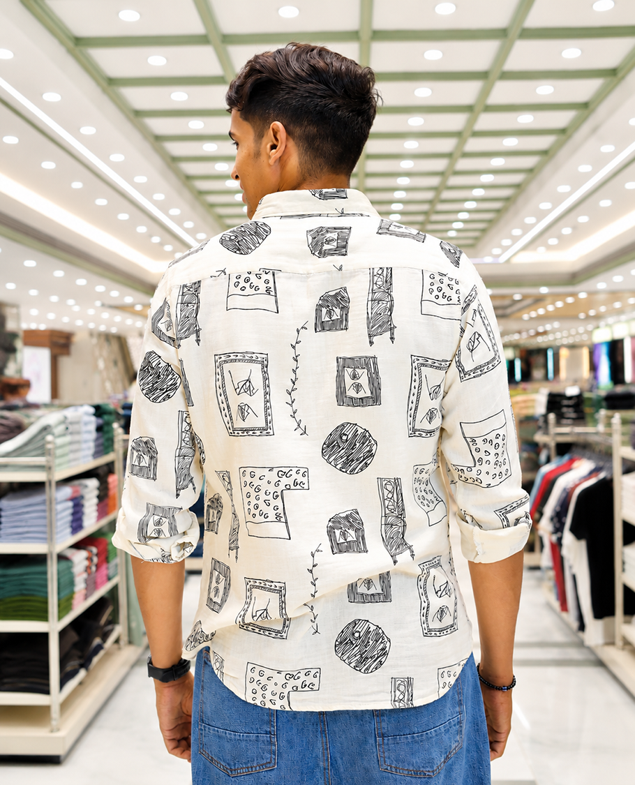 Cream-Black Cotton-Blended Casual Shirt, with Unique Motif Prints, Featuring a Spread Collar, Full Sleeves, Slim Fit, and Regular Length