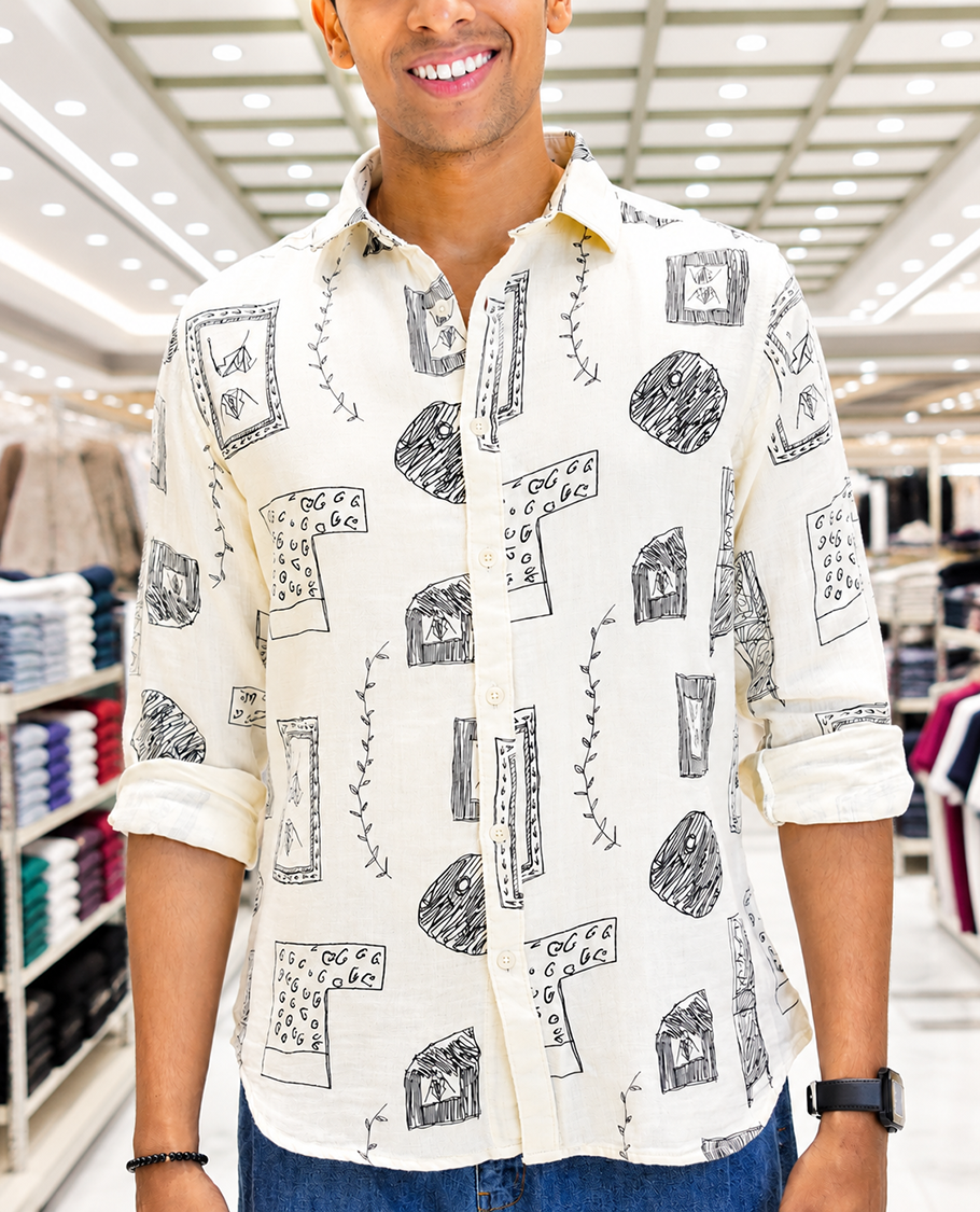 Cream-Black Cotton-Blended Casual Shirt, with Unique Motif Prints, Featuring a Spread Collar, Full Sleeves, Slim Fit, and Regular Length