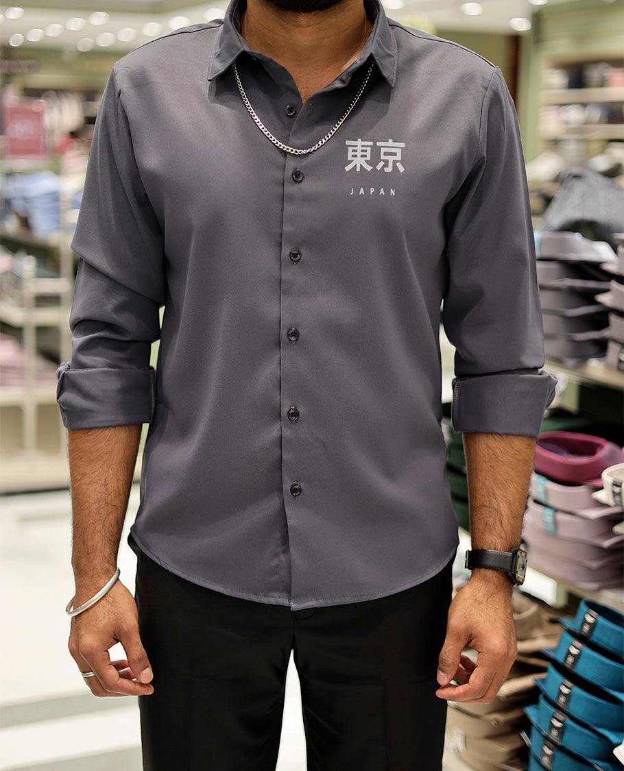 Grey Cotton-Blended Casual Shirt Features Typographic Print, Full-Sleeves, a Spread Collar, a Regular Fit, and a Regular Length