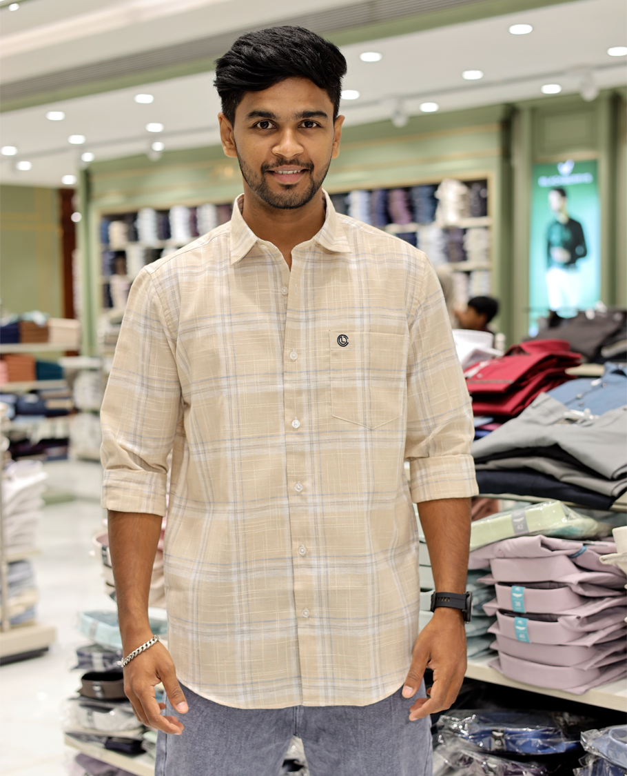 Beige Cotton-Linen-Blended Casual Shirt Comes with Checks, Full Sleeves, a Spread Collar, a Slim Fit, and a Regular Length