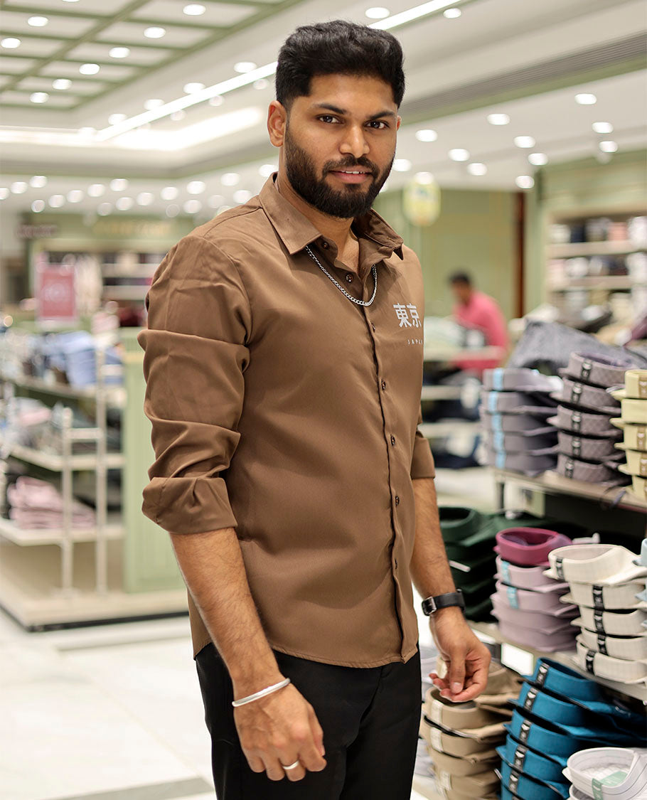 Khaki Cotton-Blended Casual Shirt Features Typographic Print, Full-Sleeves, a Spread Collar, a Regular Fit, and a Regular Length