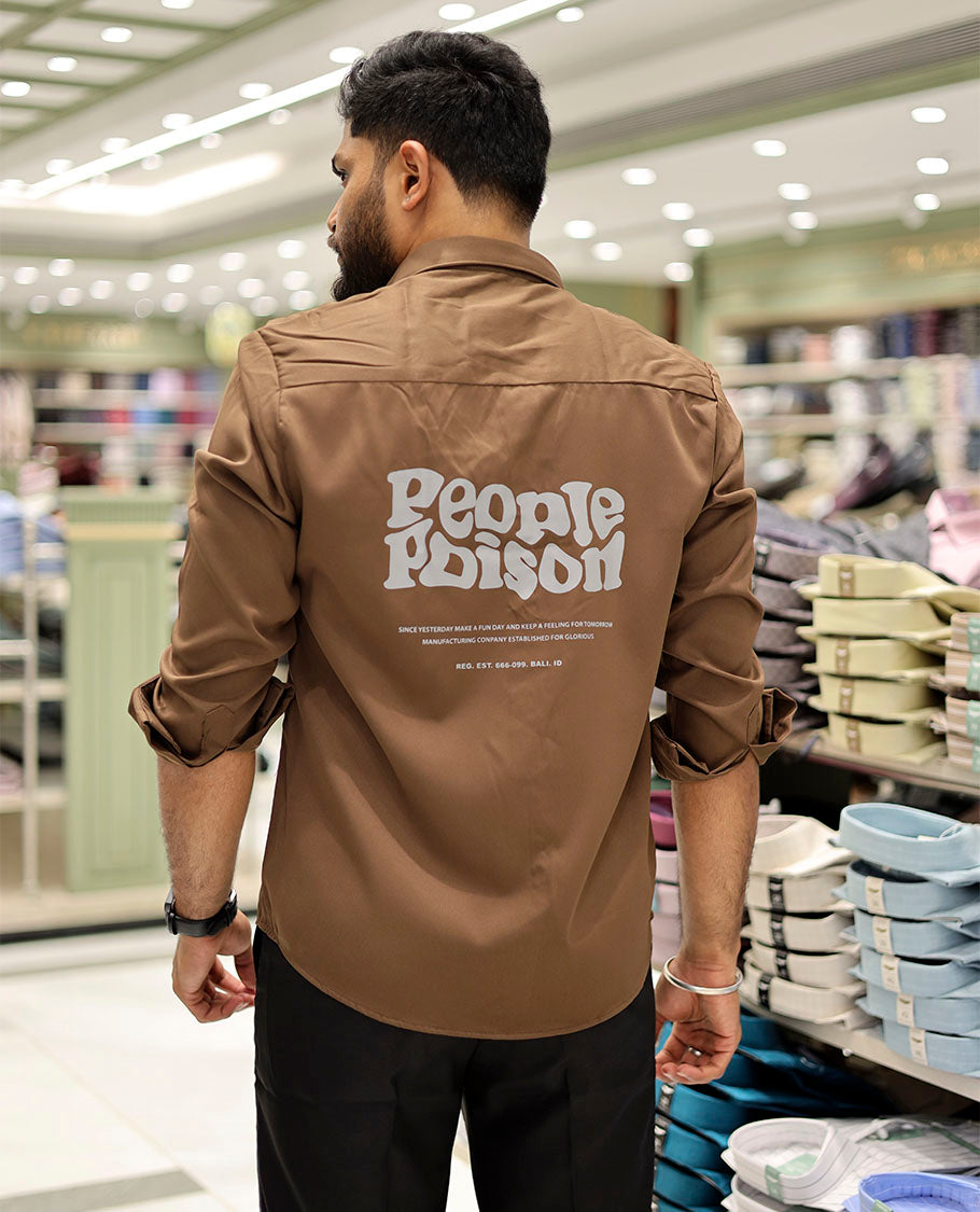 Khaki Cotton-Blended Casual Shirt Features Typographic Print, Full-Sleeves, a Spread Collar, a Regular Fit, and a Regular Length