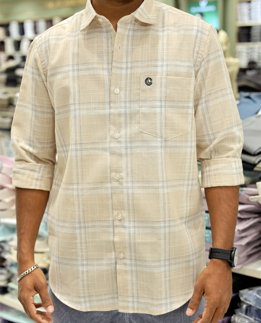 Beige Cotton-Linen-Blended Casual Shirt Comes with Checks, Full Sleeves, a Spread Collar, a Slim Fit, and a Regular Length