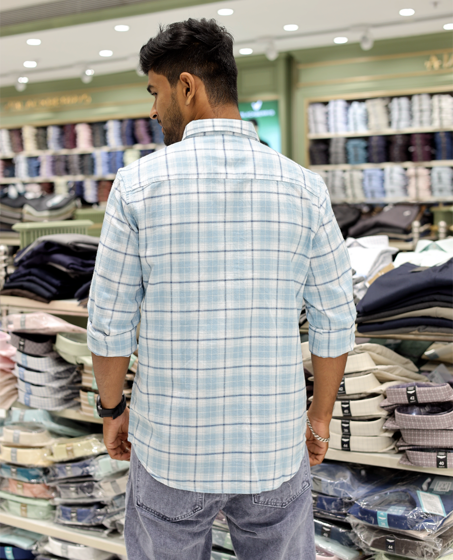Blue Cotton-Linen-Blended Casual Shirt Comes with Checks, Full Sleeves, a Spread Collar, a Slim Fit, and a Regular Length