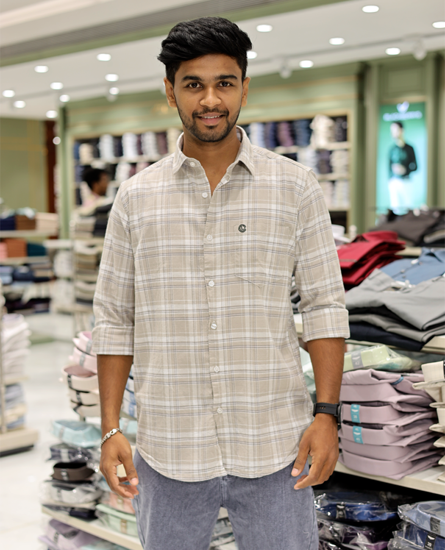 Taupe Cotton-Linen-Blended Casual Shirt with Checks, Full Sleeves, a Spread Collar, a Slim Fit, and a Regular Length
