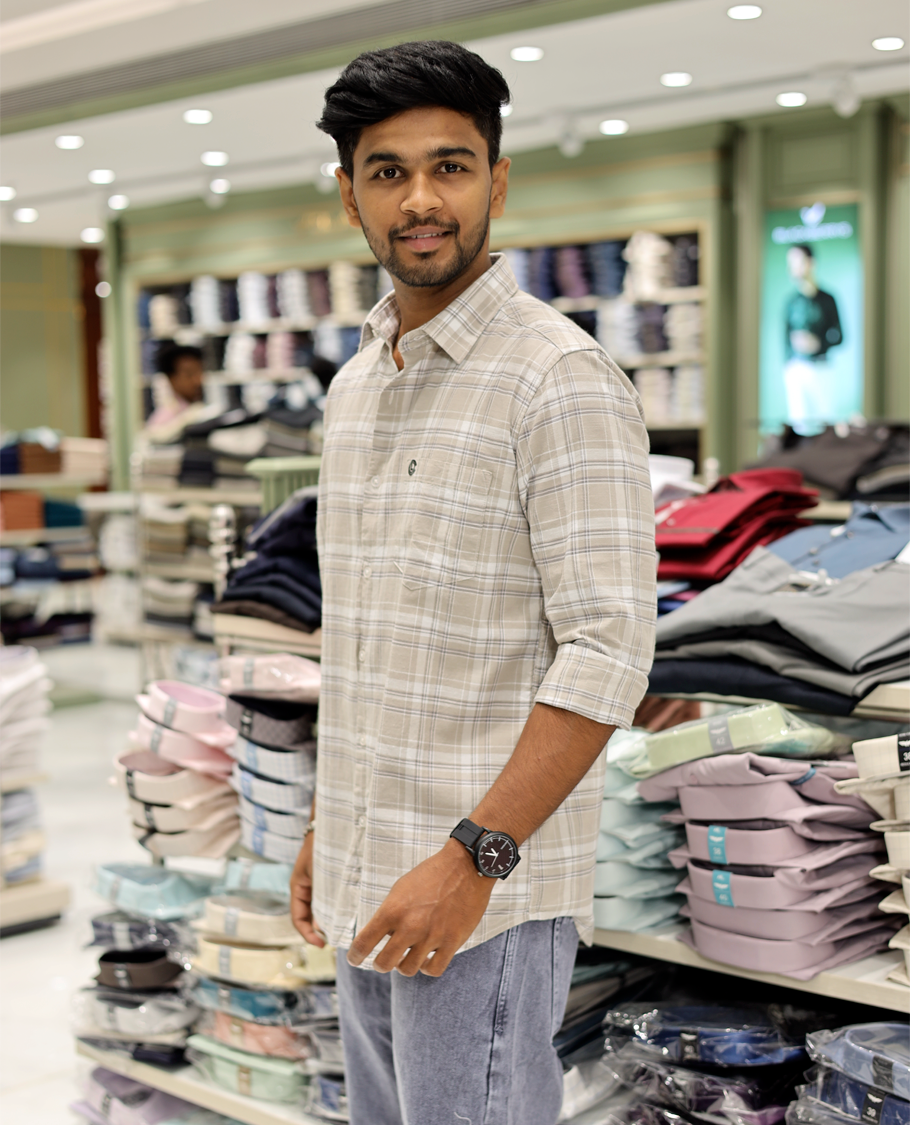 Taupe Cotton-Linen-Blended Casual Shirt with Checks, Full Sleeves, a Spread Collar, a Slim Fit, and a Regular Length