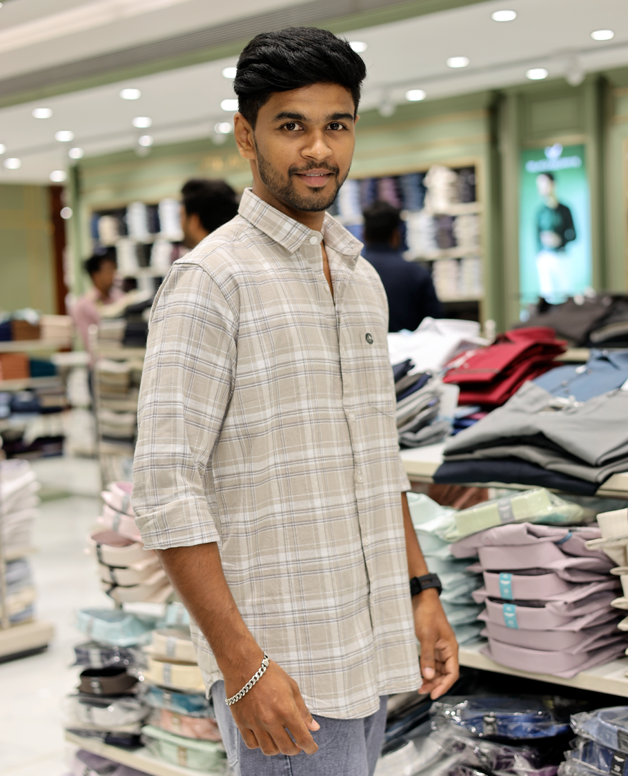 Taupe Cotton-Linen-Blended Casual Shirt with Checks, Full Sleeves, a Spread Collar, a Slim Fit, and a Regular Length