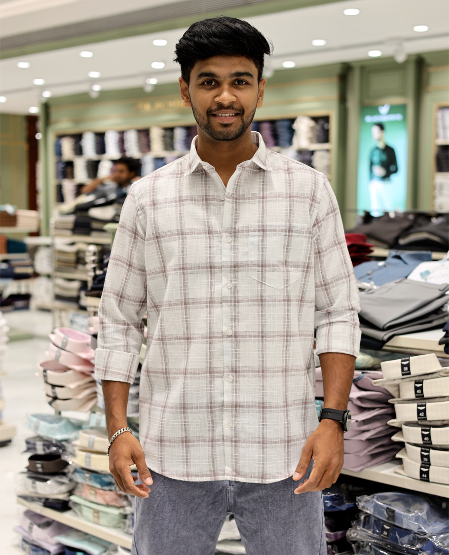White Cotton-Linen-Blended Casual Shirt Comes with Checks, Full Sleeves, a Spread Collar, a Slim Fit, and a Regular Length