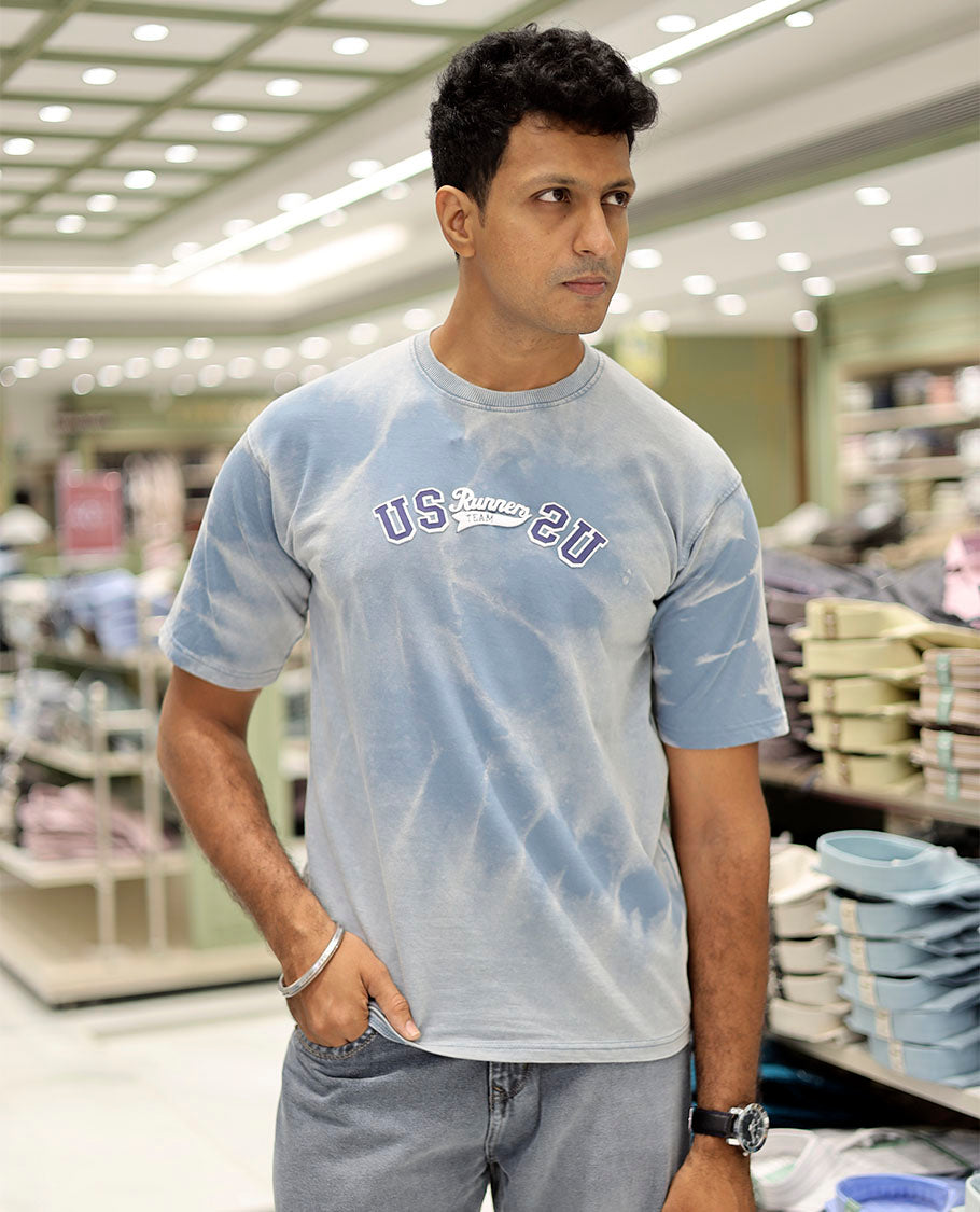 Blue Cotton-Blended T-Shirt Features Typography Print, Half Sleeves, a Round Neck, an Oversized Fit, and a Regular Length