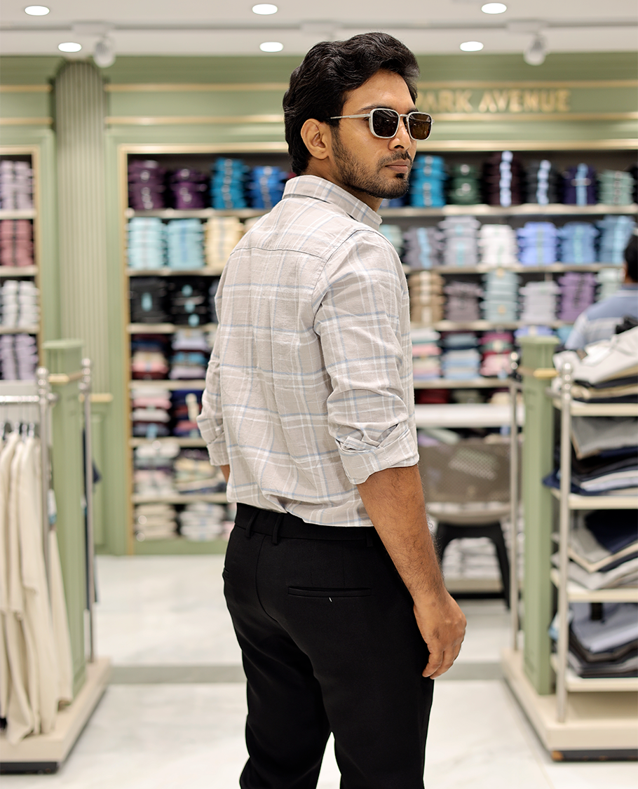 Taupe Cotton-Linen-Blended Casual Shirt Features Checks, Full Sleeve, a Spread Collar, a Slim Fit, and a Regular Length