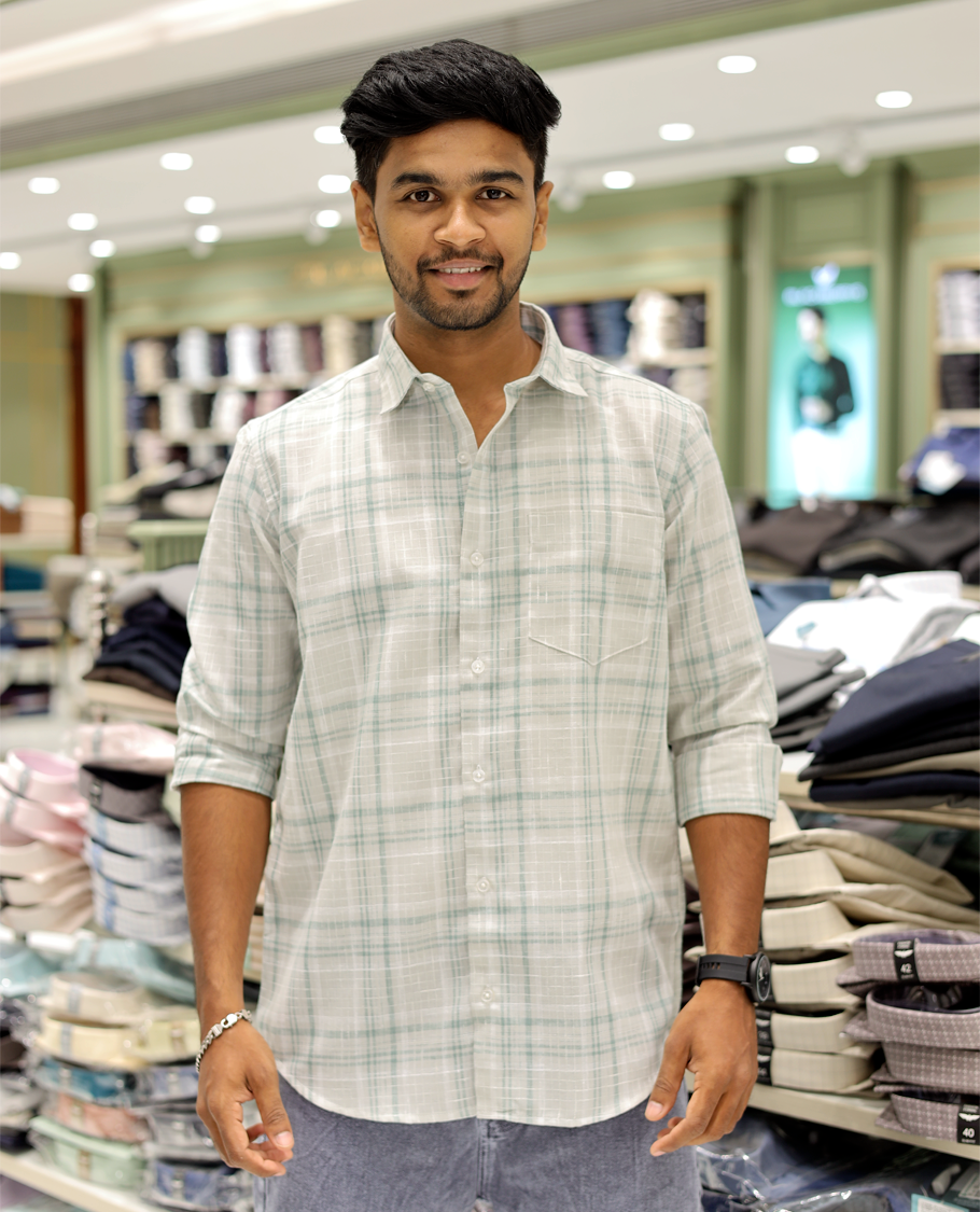 White Cotton-Linen-Blended Casual Shirt Features Checks, Full Sleeves, a Spread Collar, a Slim Fit, and a Regular Length