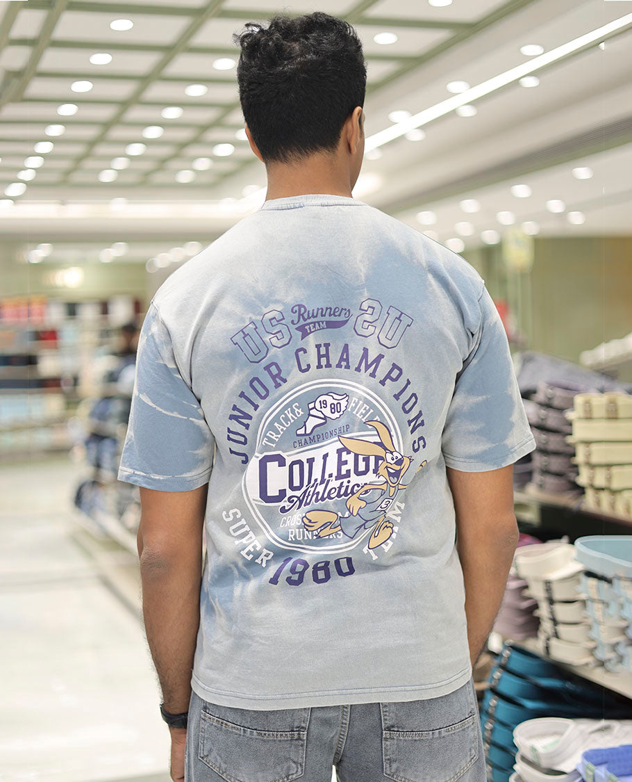 Blue Cotton-Blended T-Shirt Features Typography Print, Half Sleeves, a Round Neck, an Oversized Fit, and a Regular Length