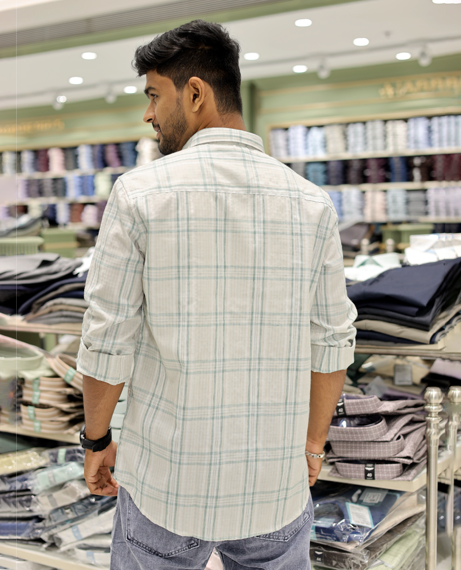 Green Cotton-Linen-Blended Casual Shirt Comes with Checks, Full Sleeves, a Spread Collar, a Slim Fit, and a Regular Length