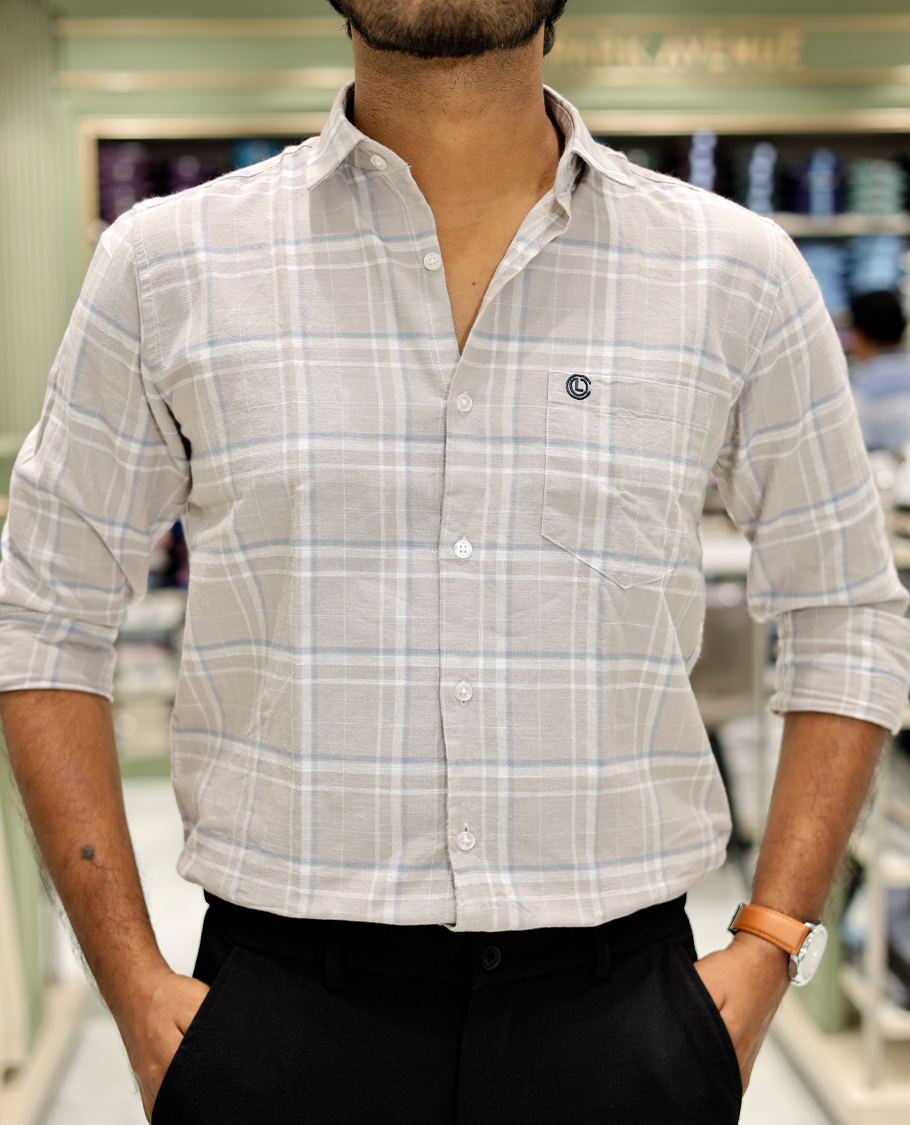 Taupe Cotton-Linen-Blended Casual Shirt Features Checks, Full Sleeve, a Spread Collar, a Slim Fit, and a Regular Length