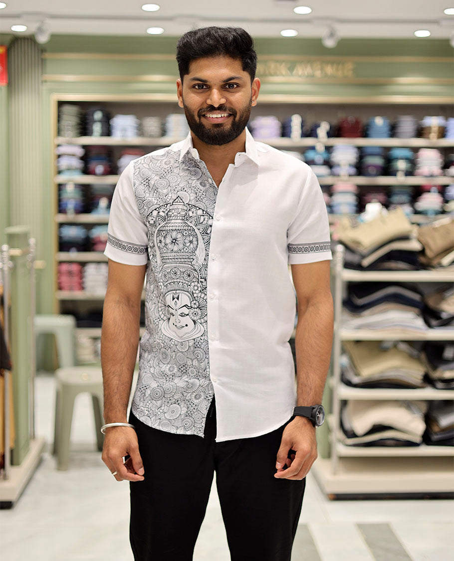 White Cotton-Blended Casual Shirt Features Onam-Themed Print, Half-Sleeves, a Spread Collar, a Regular Fit, and a Regular Length